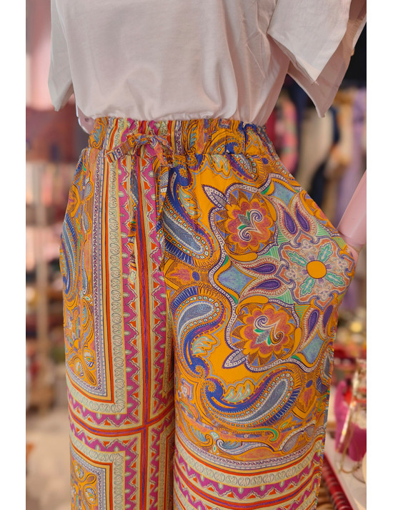 Turuncu Şal Desenli Bol Paça Pantolon - Craft and Boutique Handmade