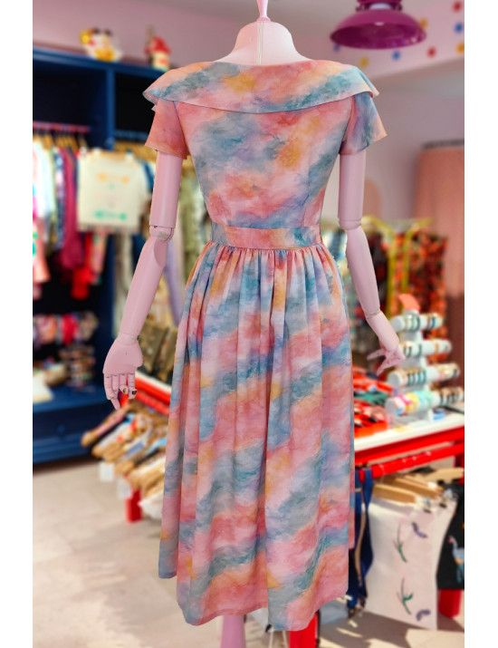 Geniş Yaka Beli Büzgülü Desenli Midi Elbise - Craft and Boutique Handmade