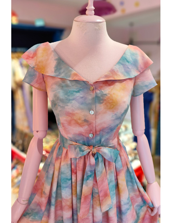 Geniş Yaka Beli Büzgülü Desenli Midi Elbise - Craft and Boutique Handmade