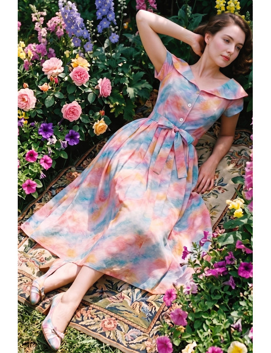 Retro Yaka Beli Büzgülü Pastel Desenli Düğmeli Tasarım Elbise No:01