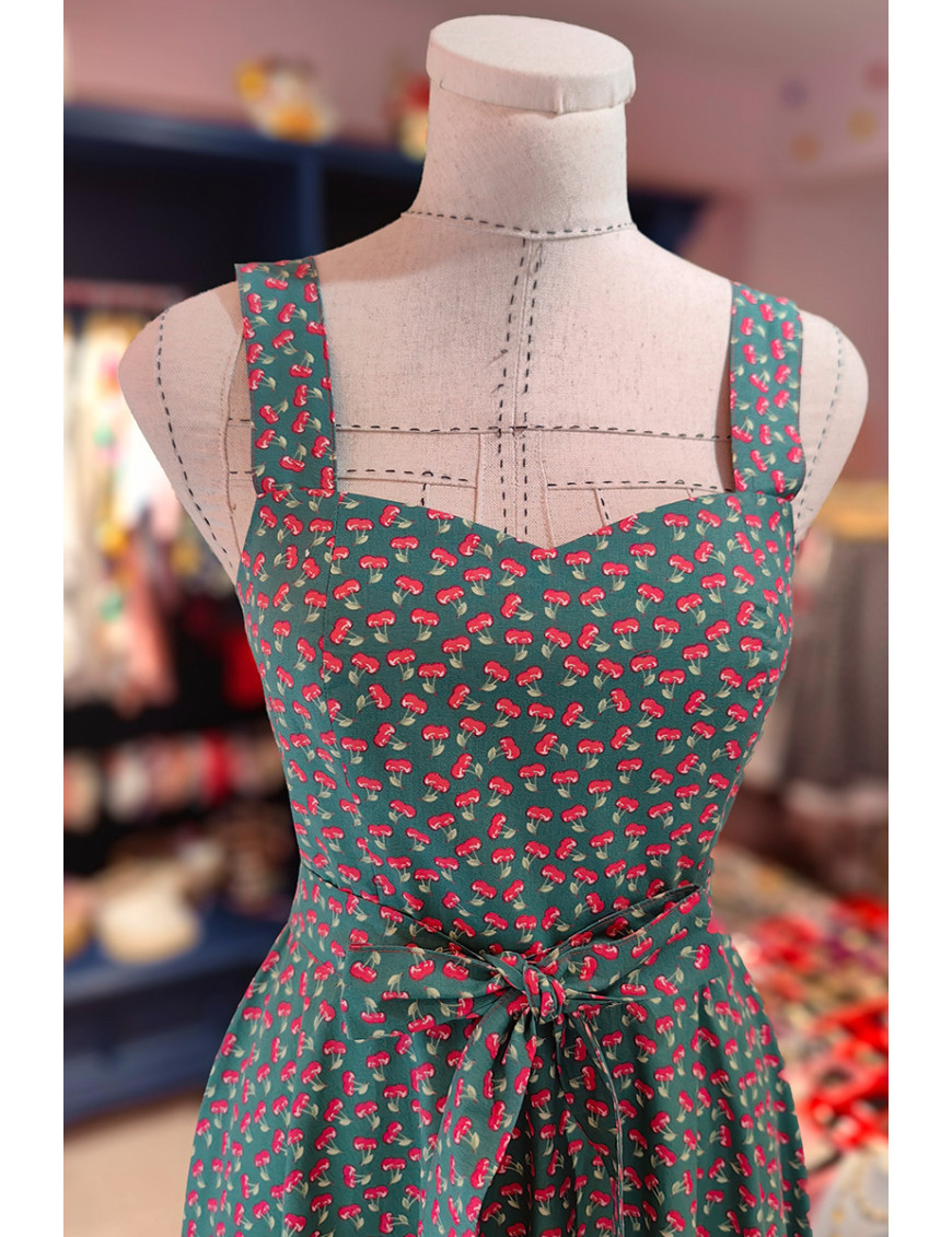 Kiraz Desenli Retro Yeşil Midi Tasarım Elbise - [Craft and Boutique Handmade]