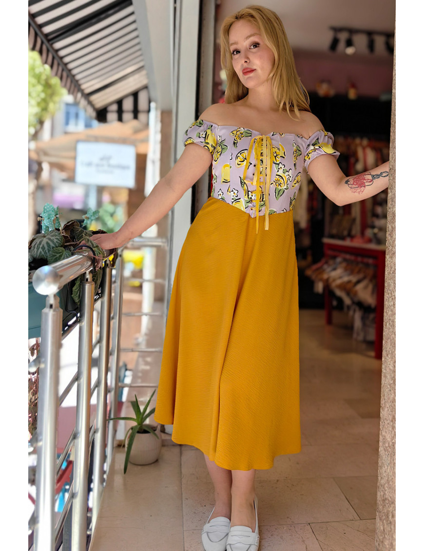 Hardal Sarı Limon Desenli Yazlık Tasarım Elbise - Midi Boy |Craft and Boutique Handmade