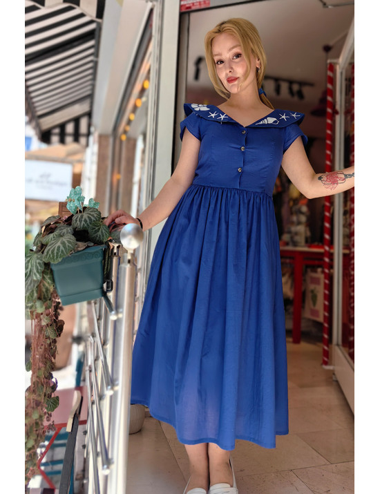 Marin Yaka Saks Mavisi El Boyama Tasarım Midi Tasarım Elbise - Craft and Boutique Handmade