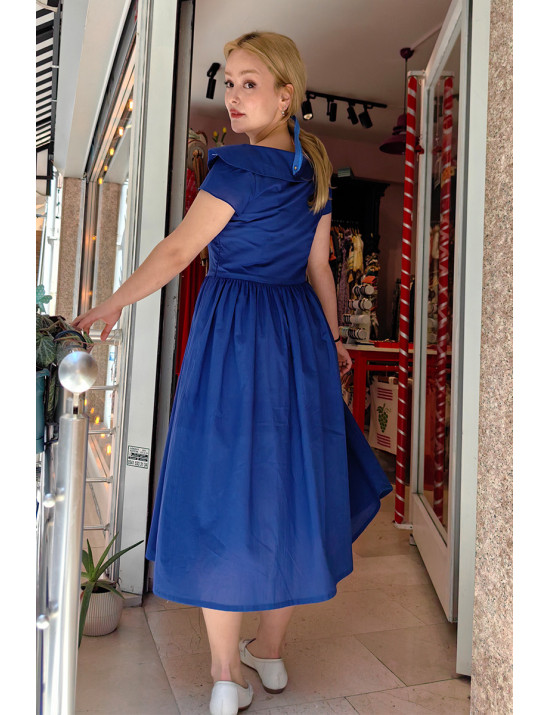 Marin Yaka Saks Mavisi El Boyama Tasarım Midi Tasarım Elbise - Craft and Boutique Handmade