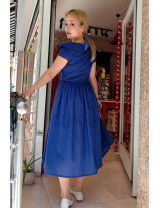 Marin Yaka Saks Mavisi El Boyama Tasarım Midi Tasarım Elbise - Craft and Boutique Handmade