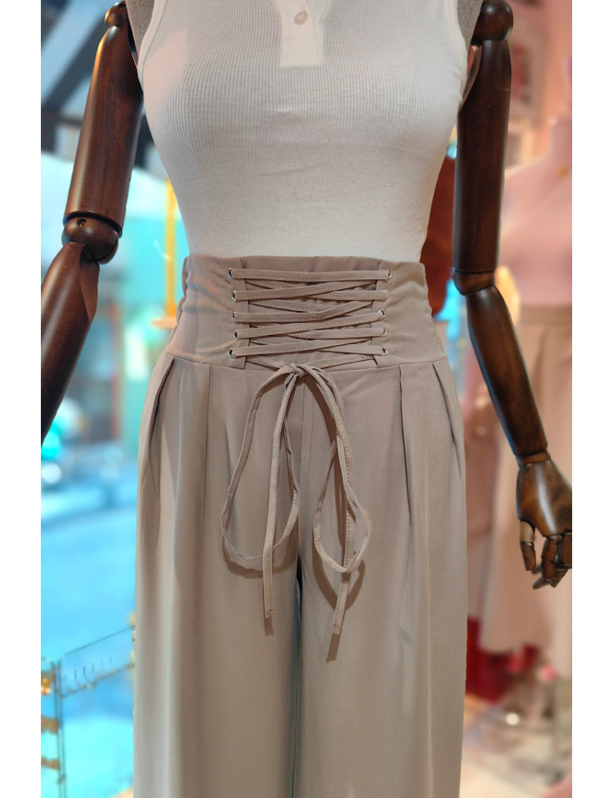 Korseli Bağcıklı Yüksek Bel Bol Paça Bej Pantolon Fiyatları - Craft and Boutique Handmade