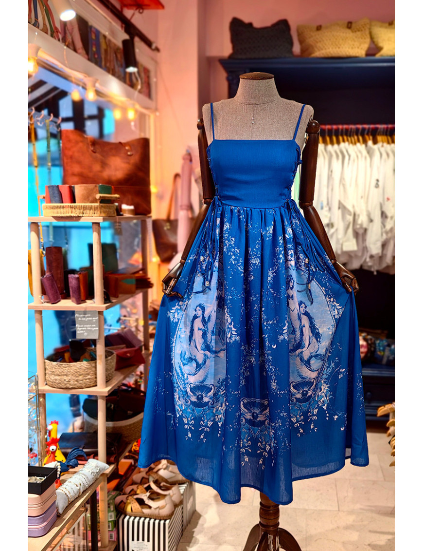 Mavi İpli Detaylı Desenli Askılı Elbise | Şık Yazlık Elbise Modelleri - Craft and Boutique Handmade