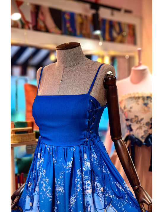 Mavi İpli Detaylı Desenli Askılı Elbise | Şık Yazlık Elbise Modelleri - Craft and Boutique Handmade