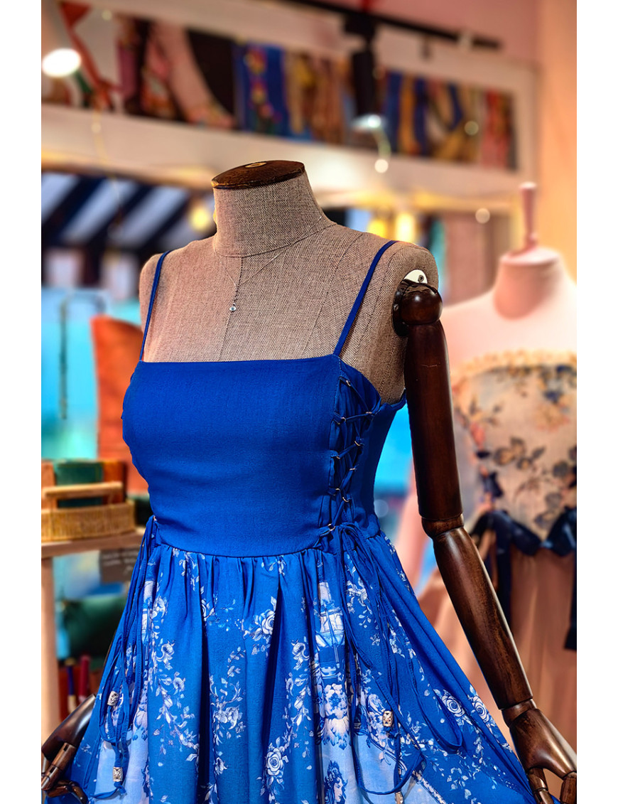 Mavi İpli Detaylı Desenli Askılı Elbise | Şık Yazlık Elbise Modelleri - Craft and Boutique Handmade