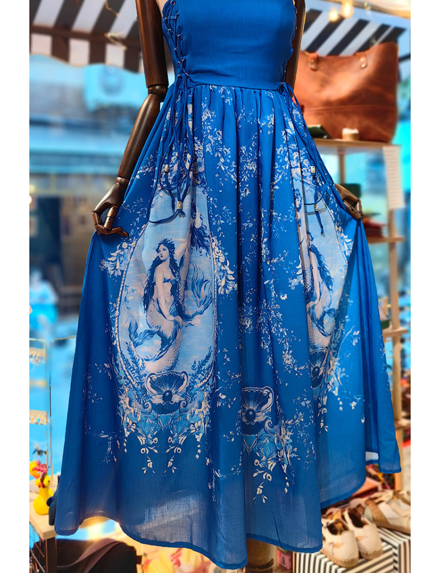 Mavi İpli Detaylı Desenli Askılı Elbise | Şık Yazlık Elbise Modelleri - Craft and Boutique Handmade