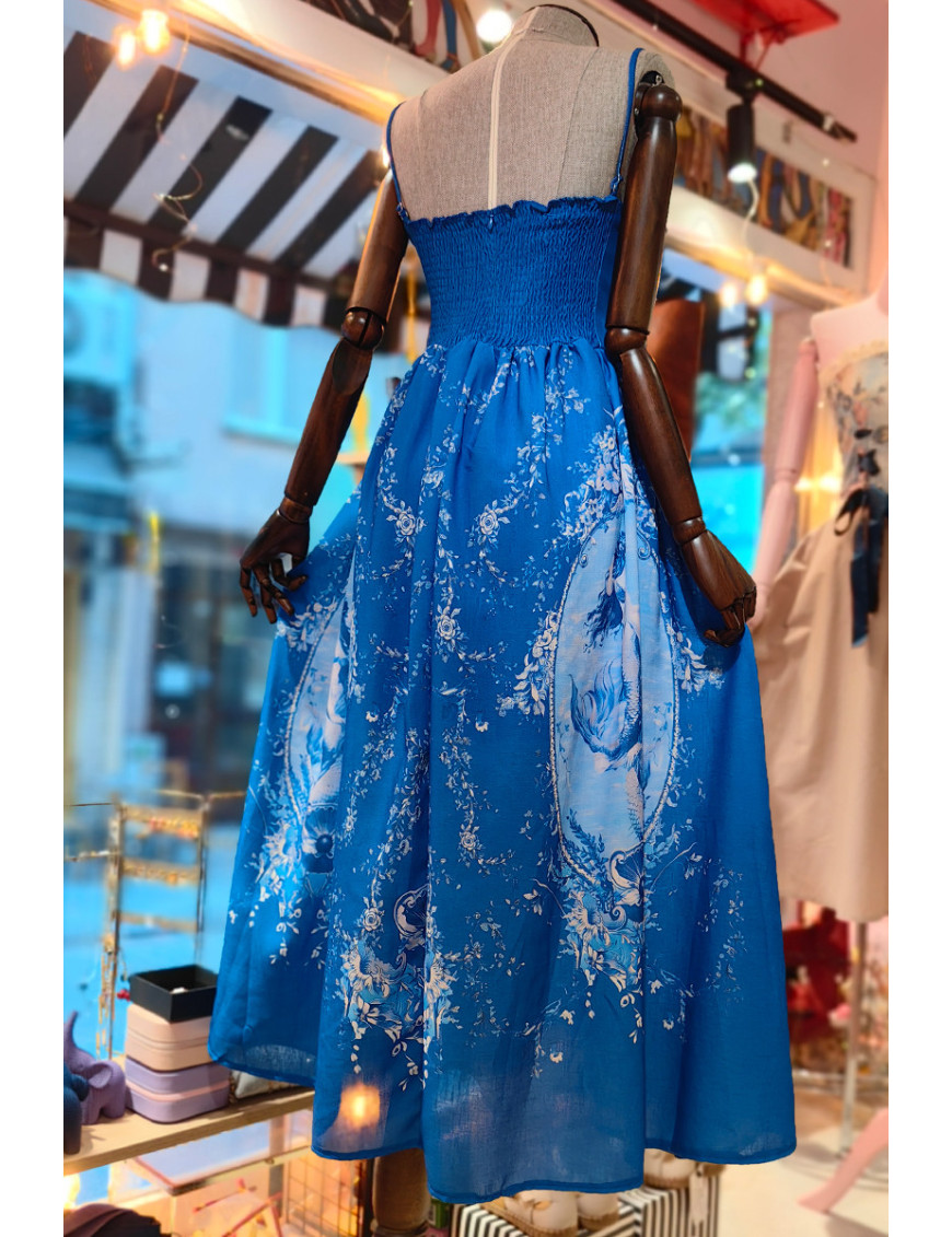 Mavi İpli Detaylı Desenli Askılı Elbise | Şık Yazlık Elbise Modelleri - Craft and Boutique Handmade