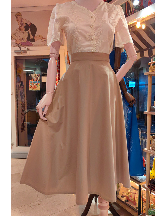 Vintage Yüksek Bel Bej Midi Etek | Retro Şıklık ve Modern Kesim - Craft and Boutique Handmade