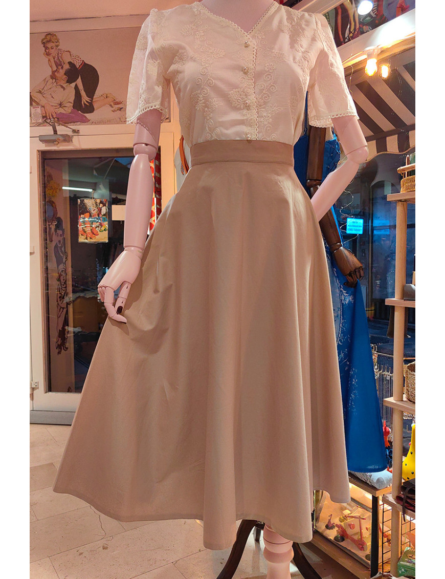 Vintage Yüksek Bel Bej Midi Etek | Retro Şıklık ve Modern Kesim - Craft and Boutique Handmade