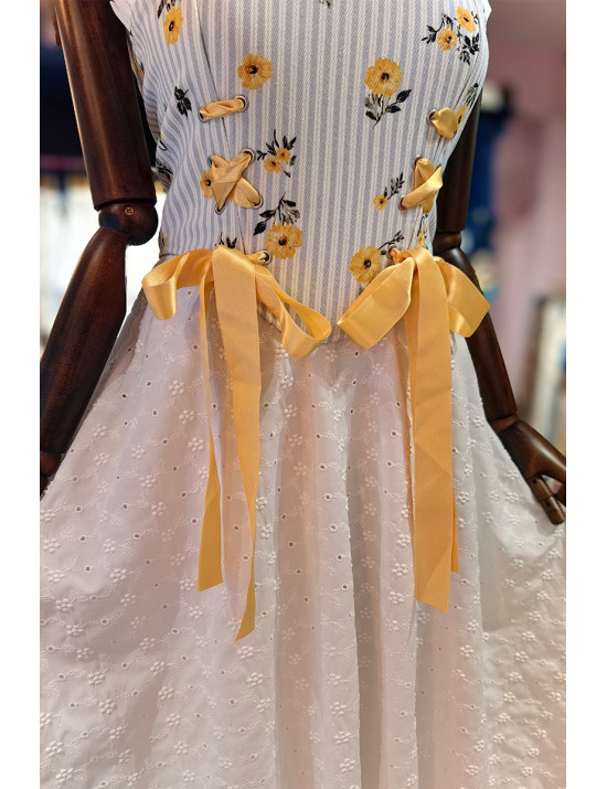 Mavi Çizgili Sarı Çiçekli Şık Kurdeleli Korset Modelleri - Craft and Boutique Handmade