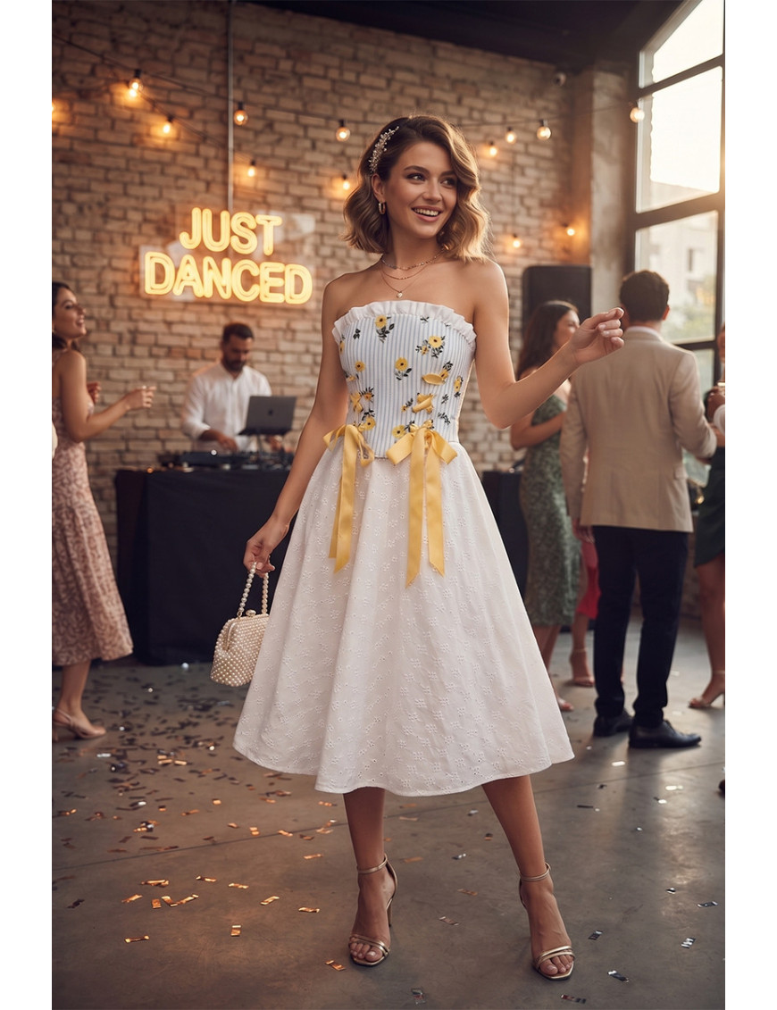 Mavi Çizgili Sarı Çiçekli Şık Kurdeleli Korset Modelleri - Craft and Boutique Handmade
