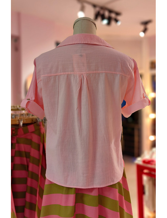Pembe Keten-Pamuk Kısa Kollu Gömlek - Satın Al | [Craft and Boutique Handmade]