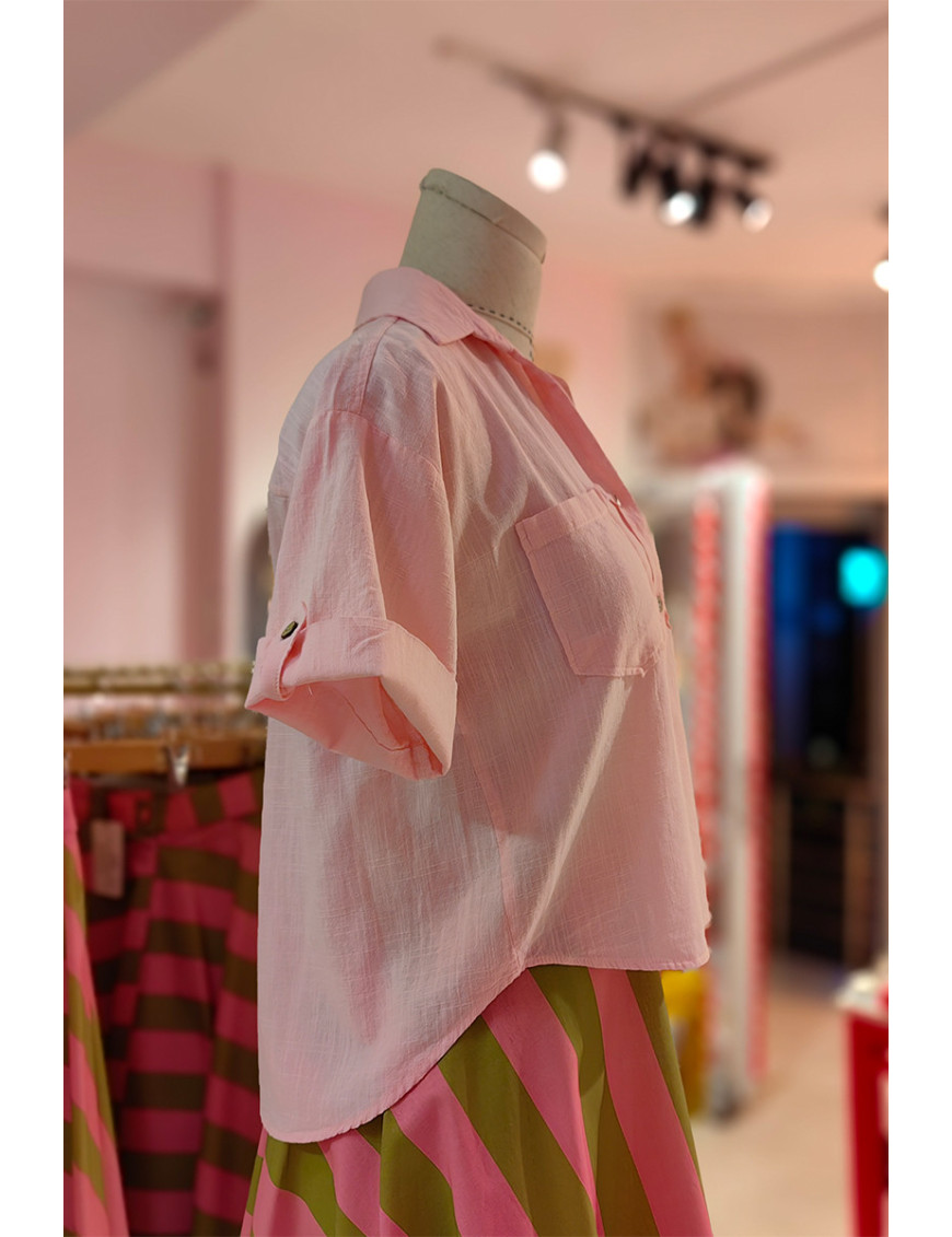 Pembe Keten-Pamuk Kısa Kollu Gömlek - Satın Al | [Craft and Boutique Handmade]