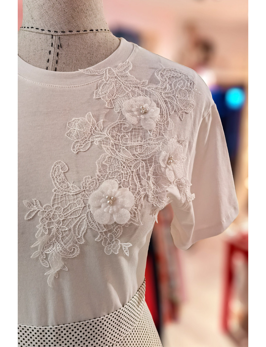 Omuz Dantel Detaylı Beyaz Tasarım Tişört | Kadın Şık Giyim - Craft and Boutique Handmade