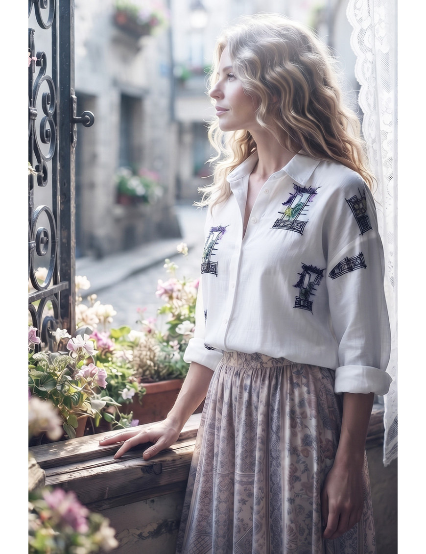 Mor Pencere Nakışlı Beyaz Kadın Gömlek Fiyatları | Kadın Gömlek Modelleri - Craft and Boutique Handmade