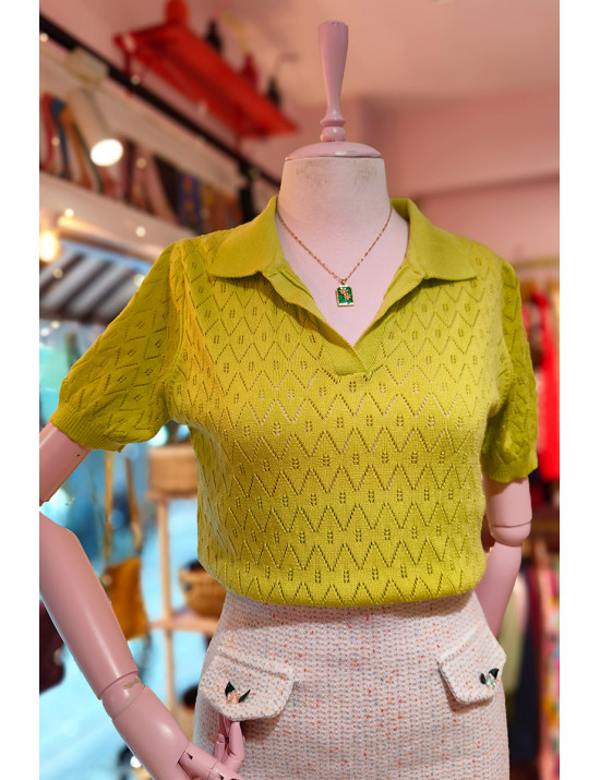 Fıstık Yeşili Ajurlu Polo Yaka Kısa Kollu Kadın Triko - Craft and Boutique Handmade
