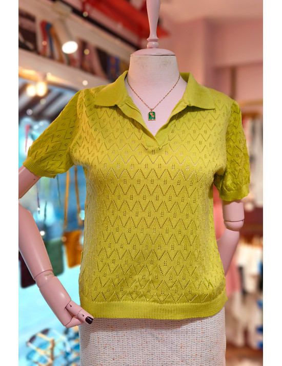Fıstık Yeşili Ajurlu Polo Yaka Kısa Kollu Kadın Triko - Craft and Boutique Handmade