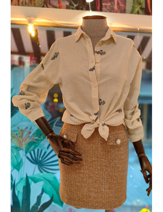 Bej Kuş Nakışlı Kadın Gömlek Modelleri ve Fiyatları | Craft and Boutique Handmade