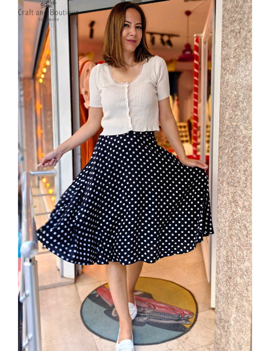 Kadın Puantiyeli Midi Etek | Siyah Beyaz Şık ve Retro Tasarım