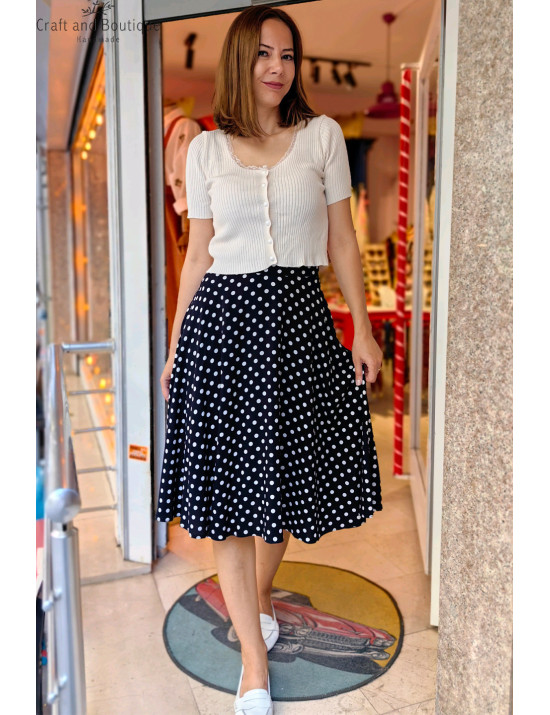 Kadın Puantiyeli Midi Etek | Siyah Beyaz Şık ve Retro Tasarım