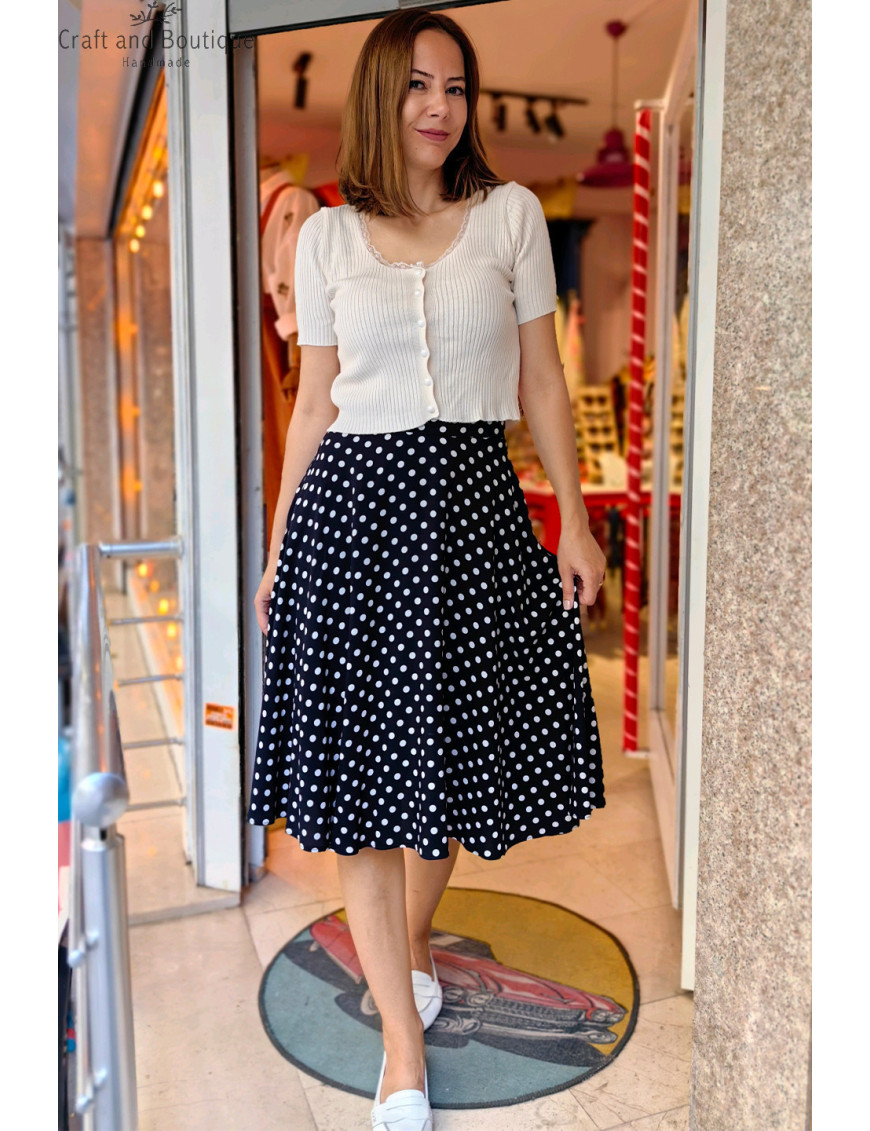 Kadın Puantiyeli Midi Etek | Siyah Beyaz Şık ve Retro Tasarım