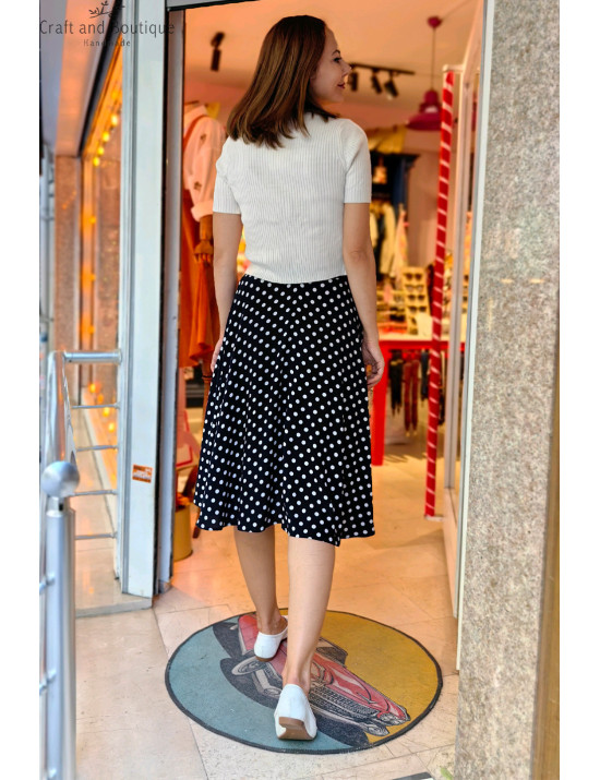 Kadın Puantiyeli Midi Etek | Siyah Beyaz Şık ve Retro Tasarım