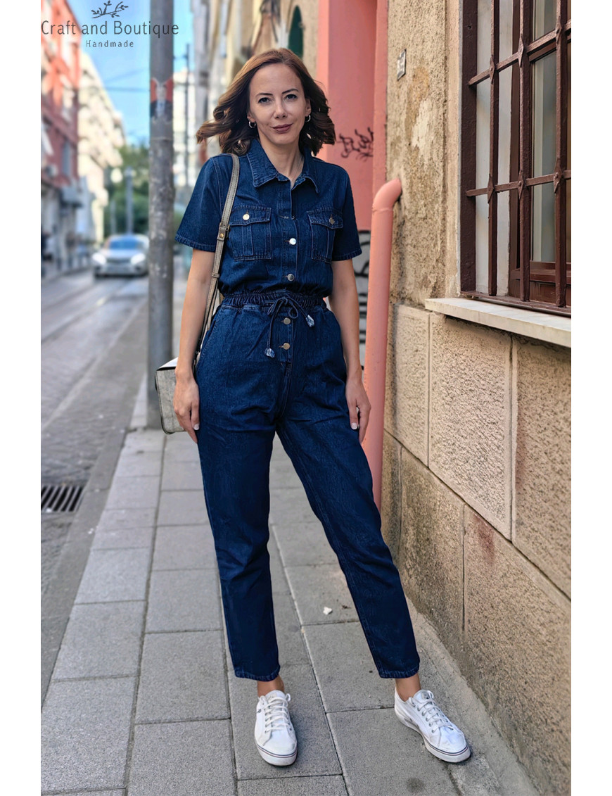 Kadın Denim Tulum Modelleri | Kısa Kol, Beli Bağlamalı Kot Tulum Satın Al