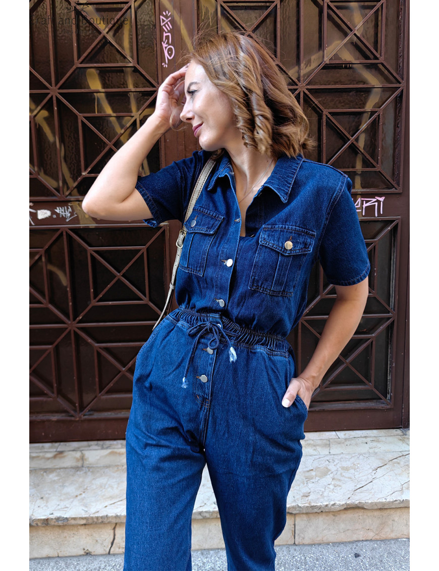 Kadın Denim Tulum Modelleri | Kısa Kol, Beli Bağlamalı Kot Tulum Satın Al
