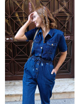 Kadın Denim Tulum Modelleri | Kısa Kol, Beli Bağlamalı Kot Tulum Satın Al