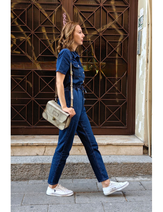Kadın Denim Tulum Modelleri | Kısa Kol, Beli Bağlamalı Kot Tulum Satın Al
