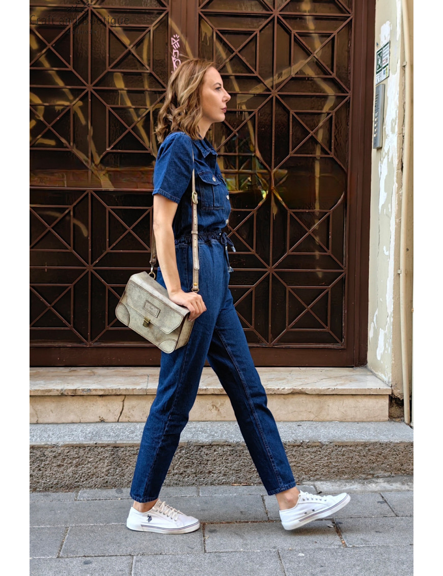 Kadın Denim Tulum Modelleri | Kısa Kol, Beli Bağlamalı Kot Tulum Satın Al