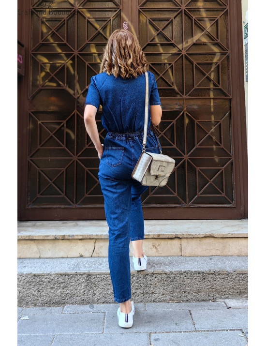 Kadın Denim Tulum Modelleri | Kısa Kol, Beli Bağlamalı Kot Tulum Satın Al