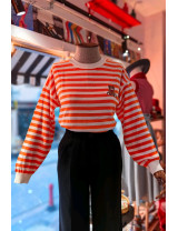 Kadın Balon Kol Çizgili Triko Modelleri | Sevimli Ayıcık Nakışlı Kazak