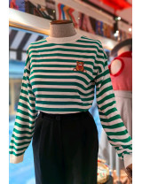 Kadın Balon Kol Çizgili Triko Modelleri | Sevimli Ayıcık Nakışlı Kazak