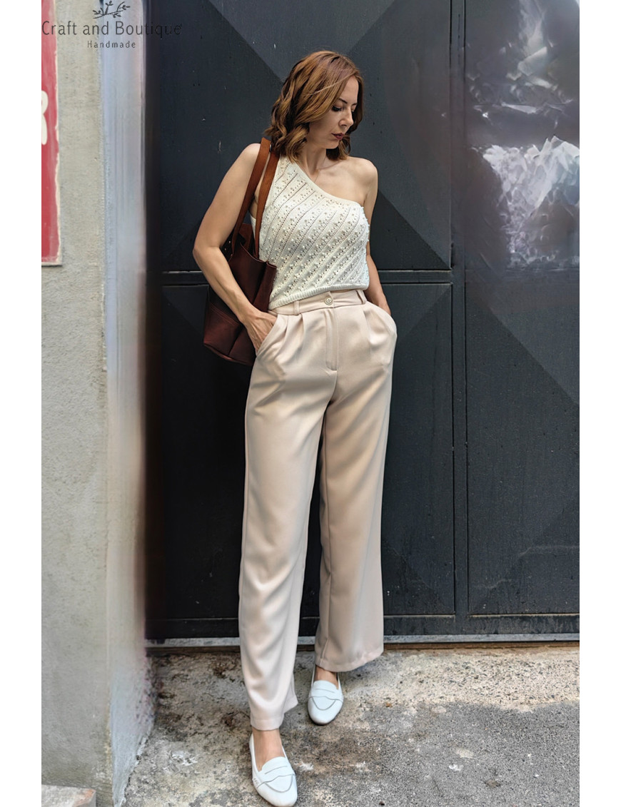 Kadın Yüksek Bel Kumaş Pantolon Modelleri | Krem Bol Paça Palazzo Pantolon Satın Al