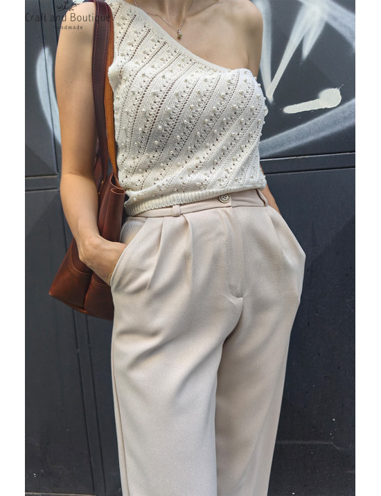 Kadın Yüksek Bel Kumaş Pantolon Modelleri | Krem Bol Paça Palazzo Pantolon Satın Al