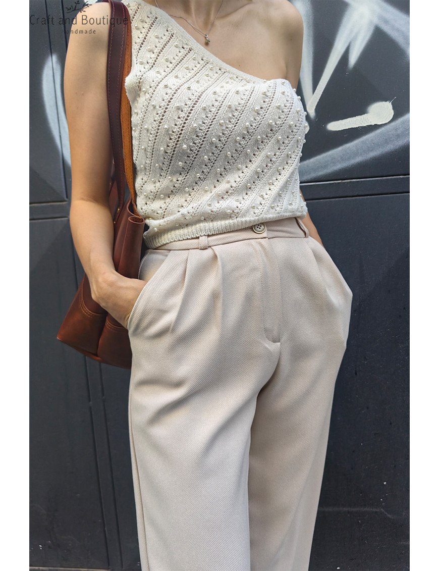 Kadın Yüksek Bel Kumaş Pantolon Modelleri | Krem Bol Paça Palazzo Pantolon Satın Al