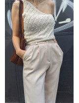 Kadın Yüksek Bel Kumaş Pantolon Modelleri | Krem Bol Paça Palazzo Pantolon Satın Al