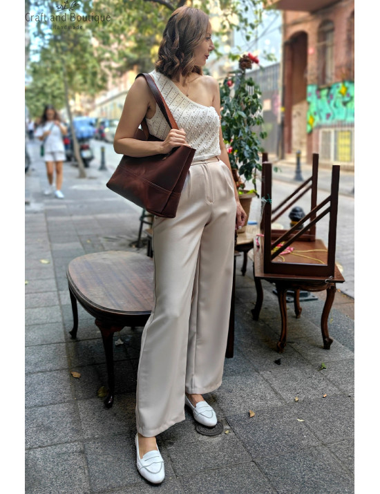 Kadın Yüksek Bel Kumaş Pantolon Modelleri | Krem Bol Paça Palazzo Pantolon Satın Al