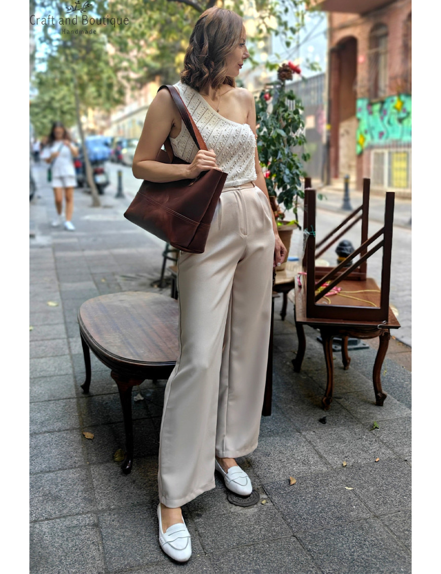 Kadın Yüksek Bel Kumaş Pantolon Modelleri | Krem Bol Paça Palazzo Pantolon Satın Al