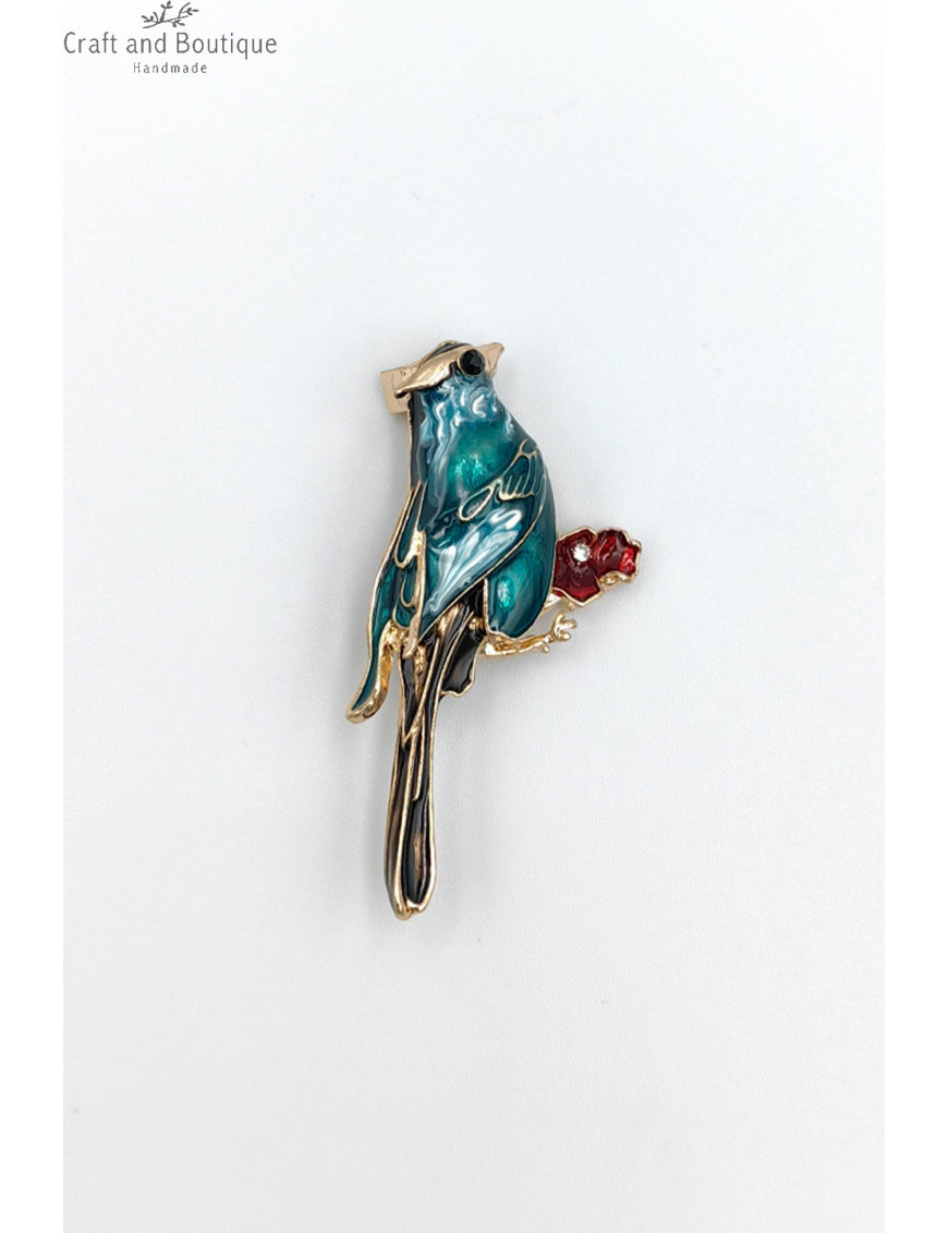 Kadın Mavi-Yeşil Mineli Kuş Broş Modelleri | Kırmızı Taşlı Hayvan Figürlü Broş Satın Al