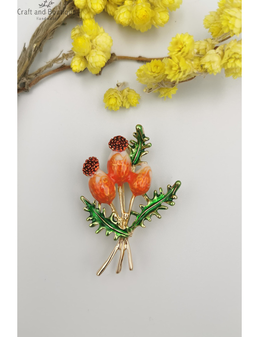 Kadın Mineli Çiçek Buketi Broş Modelleri | Turuncu/Kırmızı Çiçek Figürlü Broş Satın Al