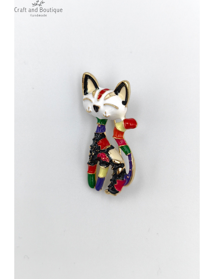 Kadın Çok Renkli Mineli Kedi Broş Modelleri | Sanatsal Hayvan Figürlü Broş Satın Al