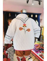 Bohem Çiçek Nakışlı Beyaz Kapitone Crop Ceket | Mevsimlik Mont