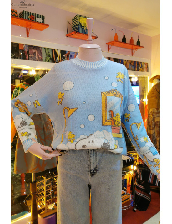 Banyo Desenli Mavi Triko Kazak | Karakterli Örme Kazak