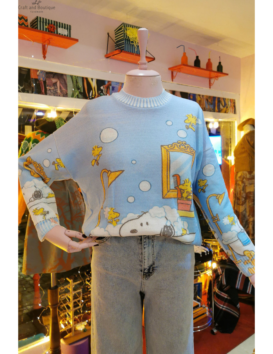 Banyo Desenli Mavi Triko Kazak | Karakterli Örme Kazak